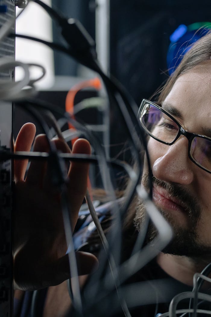 about-01 Professional IT specialist handling network cables in a server room.